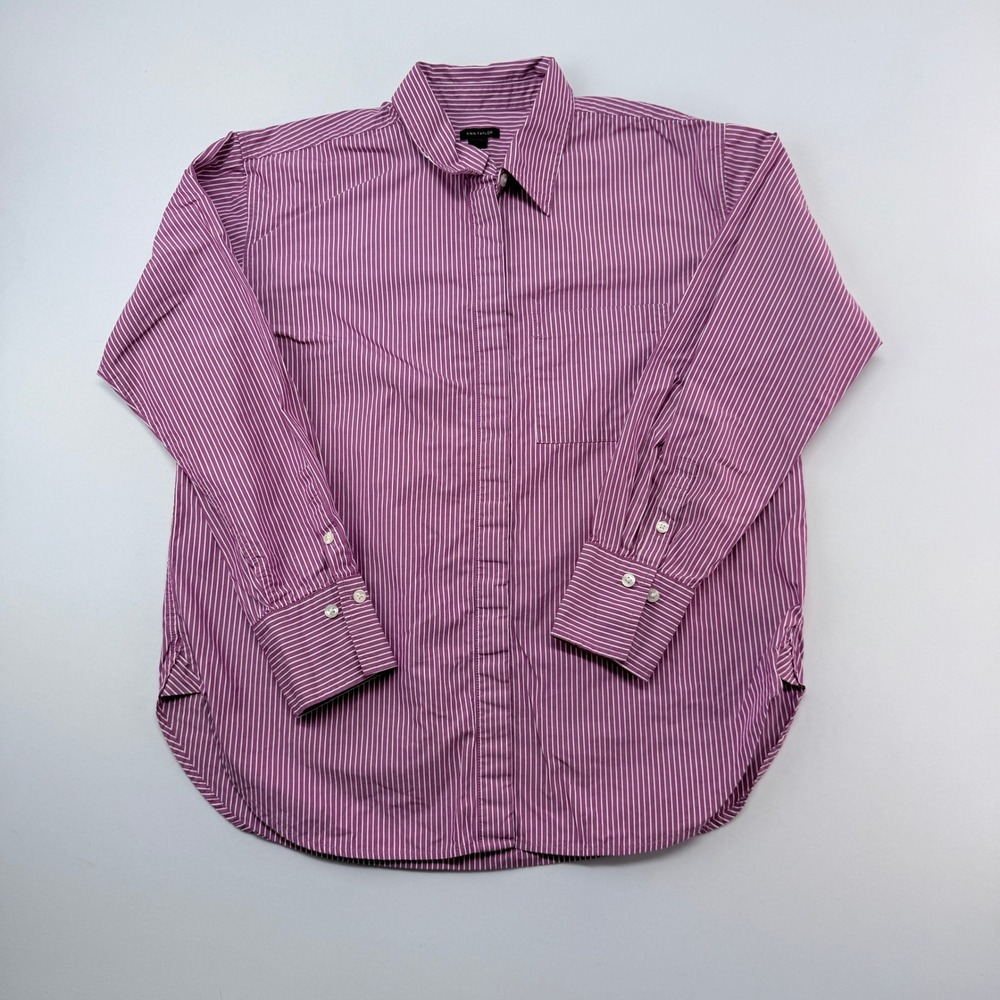 Ann Taylor Purple White Striped Cotton Button Down Shirt Womens Medium L/S